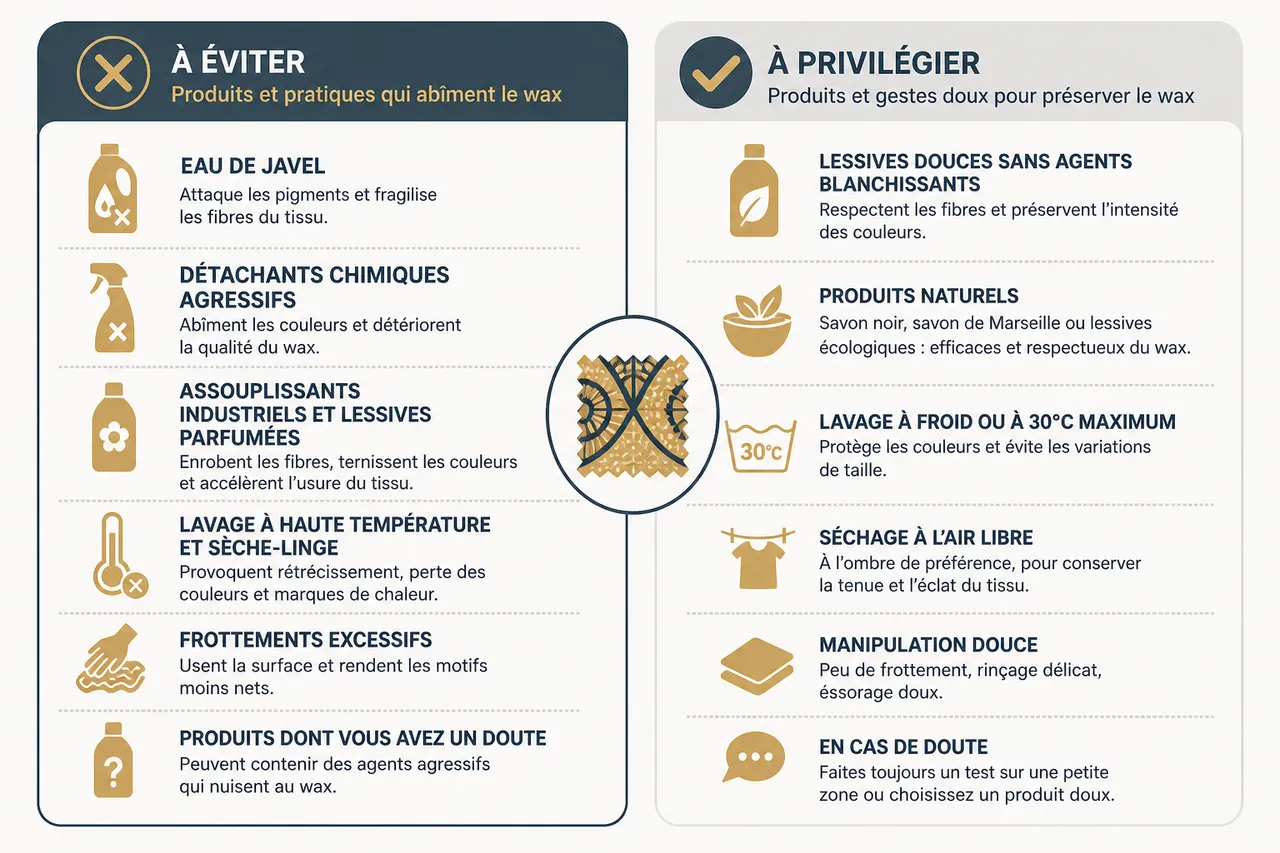 Entretien des vêtements en wax, les gestes essentiels pour préserver les couleurs et la tenue du tissu africanisé sur le long terme (sans se compliquer la vie) , Erreurs courantes et produits à éviter pour l’entretien du wax