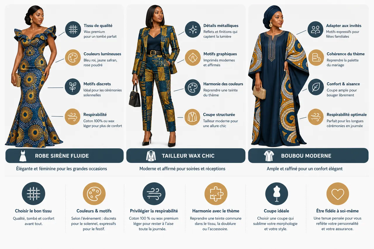 Tenue de cérémonie en wax pour femme, comment trouver l’équilibre entre élégance traditionnelle et style moderne? , Comment choisir sa tenue de cérémonie en wax?
