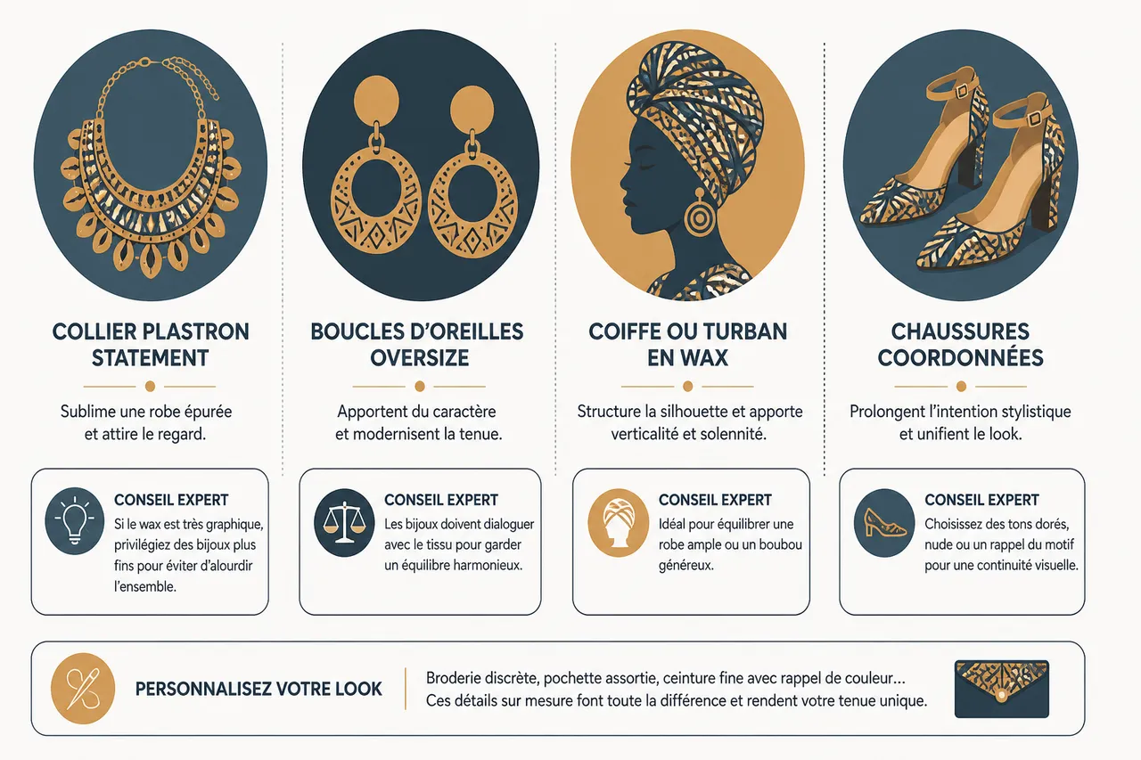 Tenue de cérémonie en wax pour femme, comment trouver l’équilibre entre élégance traditionnelle et style moderne? , Accessoiriser et personnaliser sa tenue de cérémonie en wax