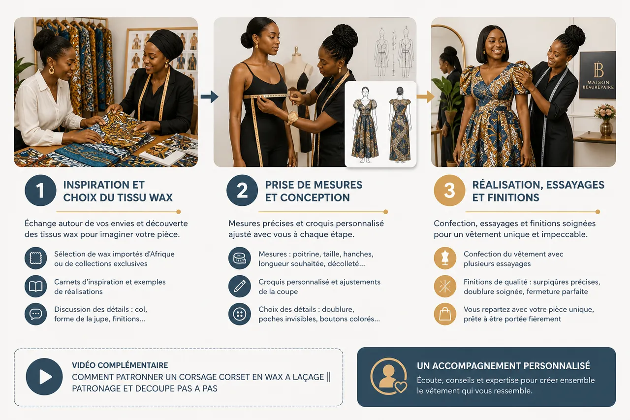 Vêtements sur mesure en wax pour femme, dans quels cas (et comment) passer du prêt-à-porter à la pièce personnalisée? , Comment se déroule la création d’un vêtement sur mesure en wax chez Maison Beaurepaire?