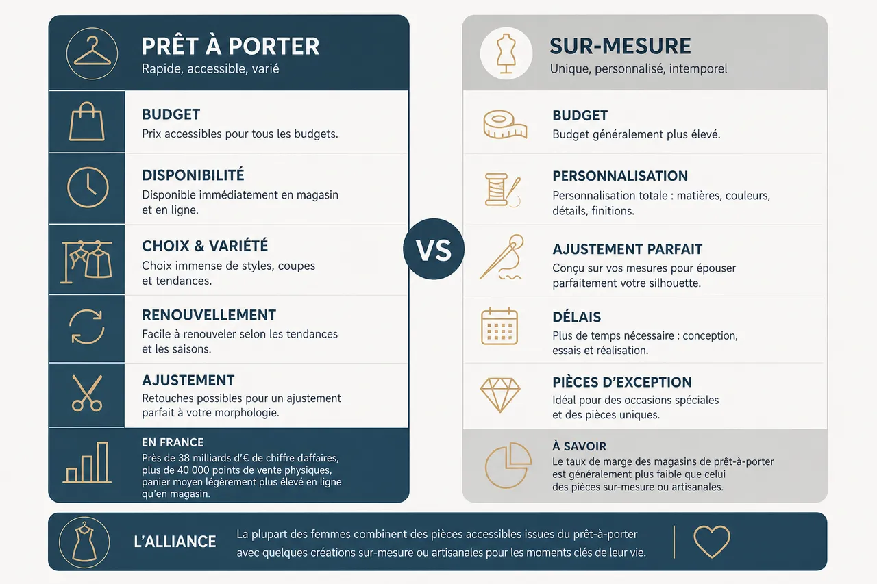 Prêt à porter féminin, 7 pièces essentielles pour construire une garde-robe polyvalente , Prêt à porter ou sur-mesure: comment choisir?