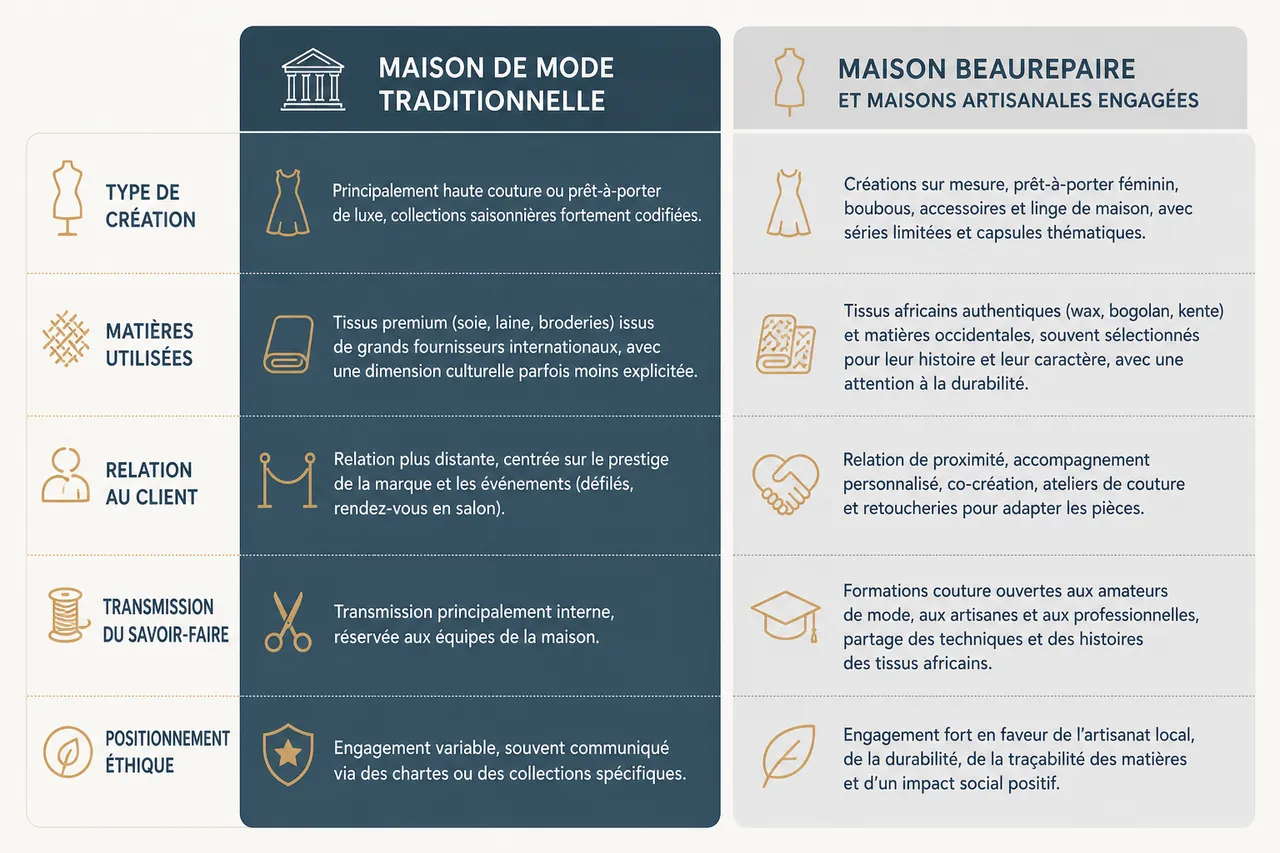 Maison de mode féminine, comment reconnaître un univers créatif qui vous correspond? , Tableau comparatif: maisons de mode traditionnelles et maisons comme Maison Beaurepaire