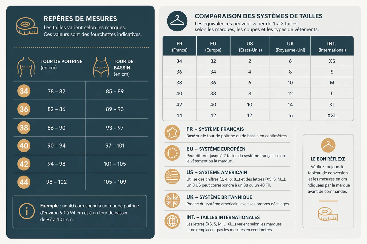 Taille de vêtement femme, comprendre les tableaux de mesures (et éviter les mauvaises surprises) , Comprendre les tailles: systèmes, tableaux et conversions