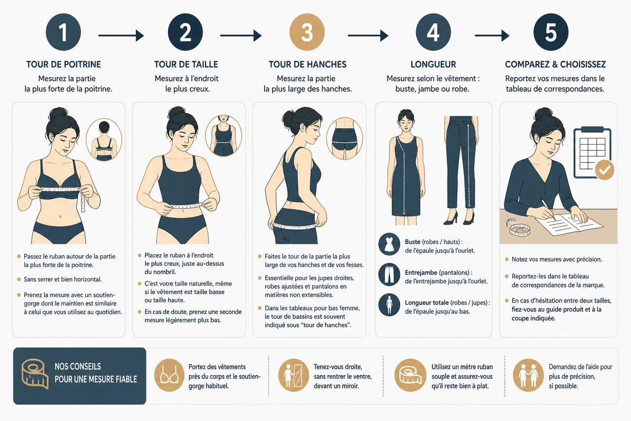 Taille de vêtement femme, comprendre les tableaux de mesures (et éviter les mauvaises surprises) , Comment prendre ses mesures et choisir la bonne taille
