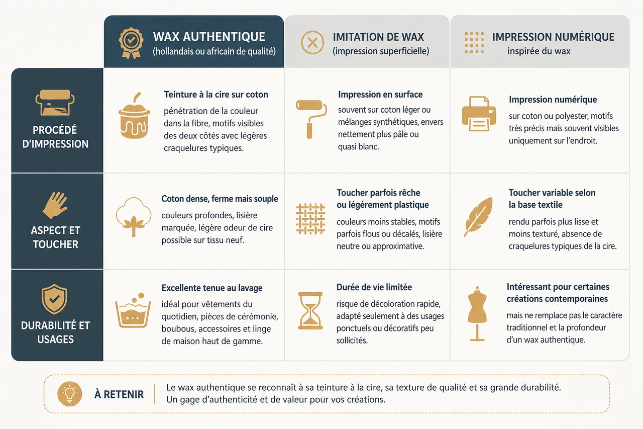 Comment reconnaître un tissu wax de qualité? , Tableau comparatif: wax authentique, imitation et impression numérique