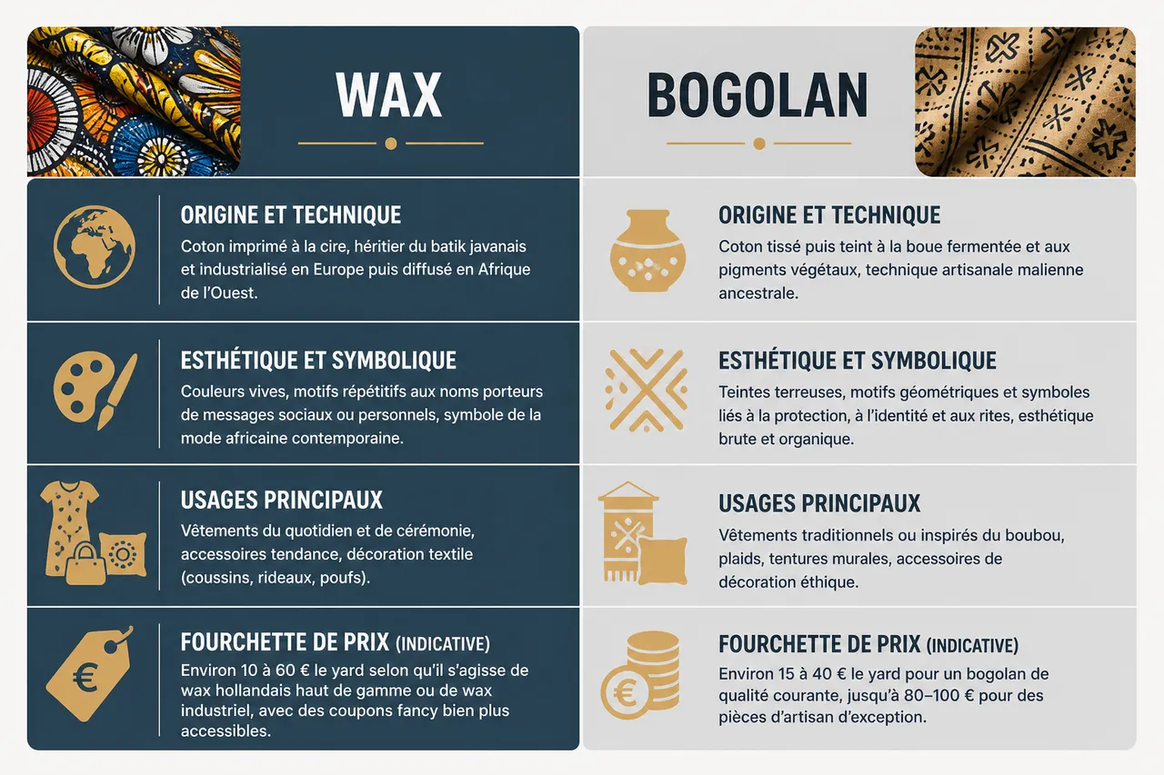 Wax et bogolan, quelles différences pour choisir sans se tromper? , Tableau comparatif: wax et bogolan en un coup d’œil