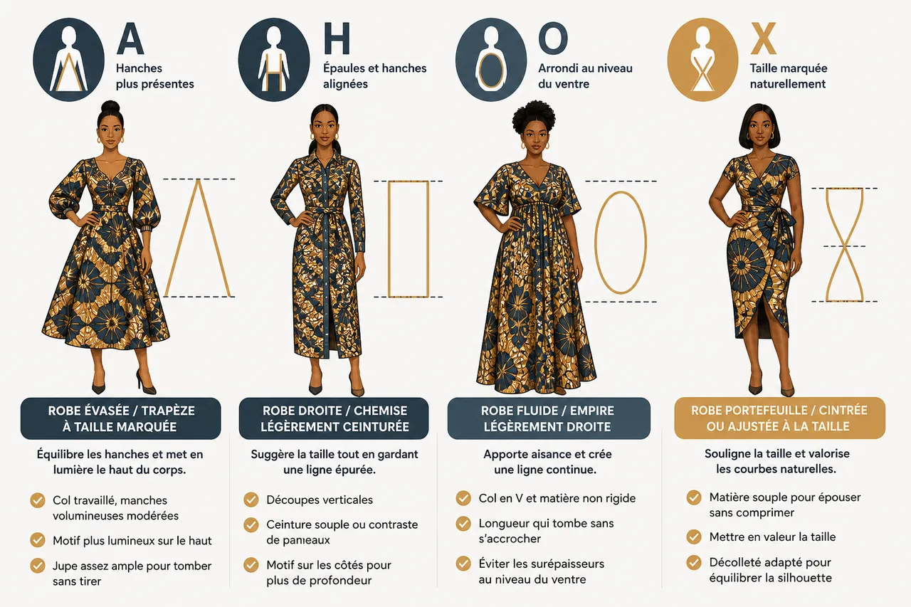 Robe en wax moderne, les coupes qui valorisent le plus la silhouette , Bien choisir sa robe en wax moderne selon sa morphologie