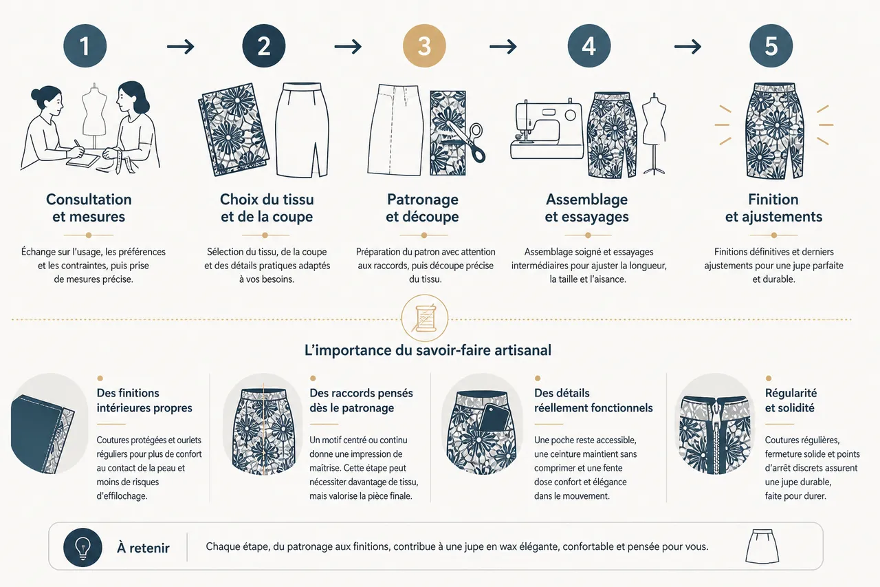 Jupe en wax élégante pour le quotidien et les occasions spéciales , L’artisanat et la personnalisation chez Maison Beaurepaire
