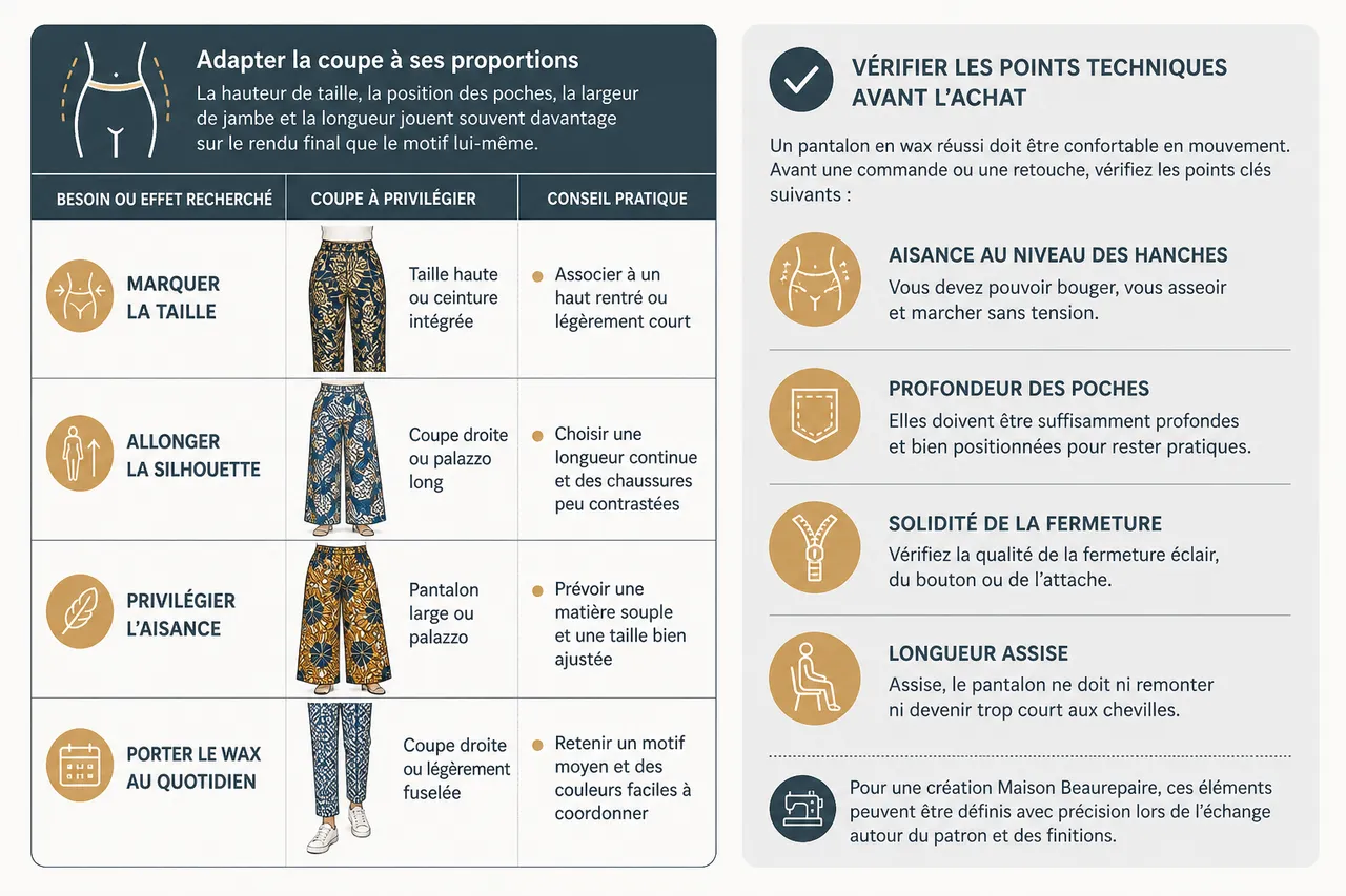 Pantalon en wax femme, les modèles à adopter cette saison , Choisir son pantalon en wax selon sa silhouette et son usage