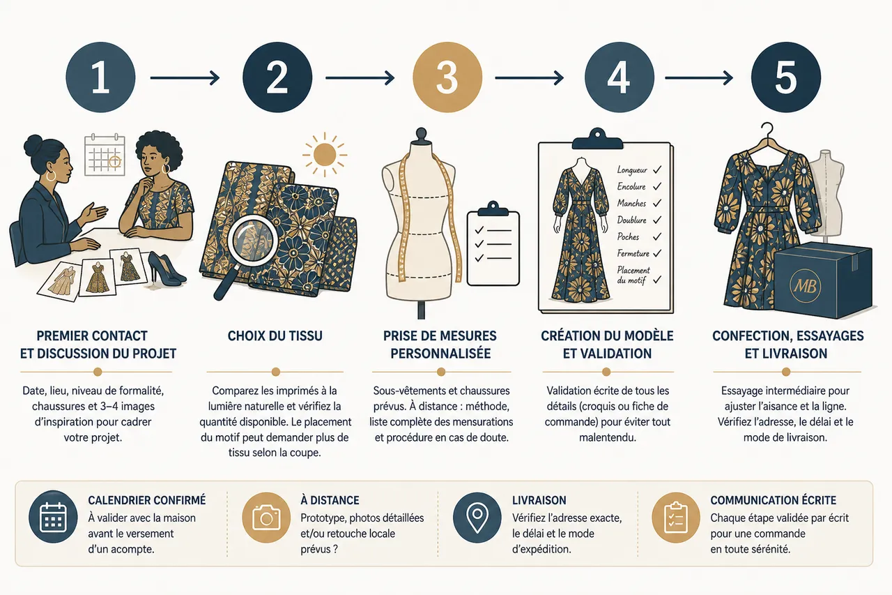 Robe en wax sur mesure, ce qu’il faut prévoir avant de commander , Le processus de commande chez Maison Beaurepaire