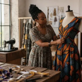 Robe en wax moderne avec coupe valorisant la silhouette féminine