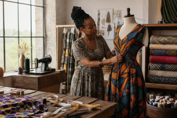Robe en wax moderne avec coupe valorisant la silhouette féminine