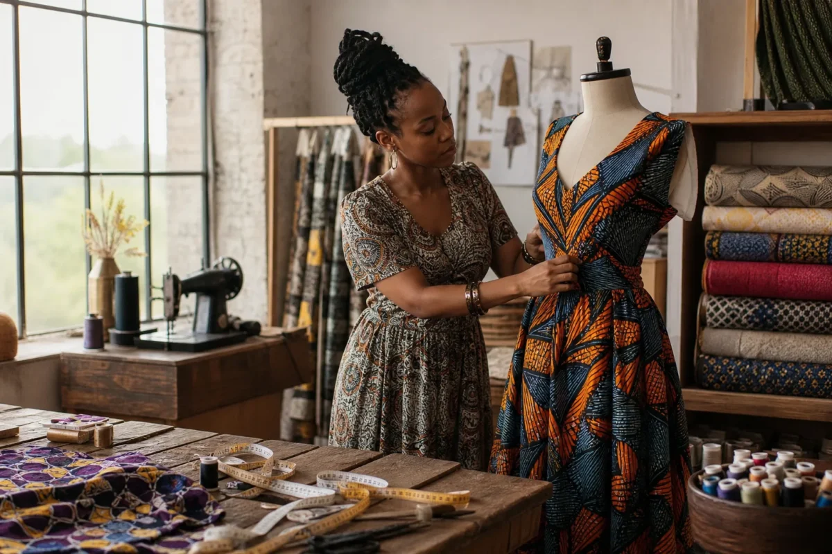 Robe en wax moderne avec coupe valorisant la silhouette féminine
