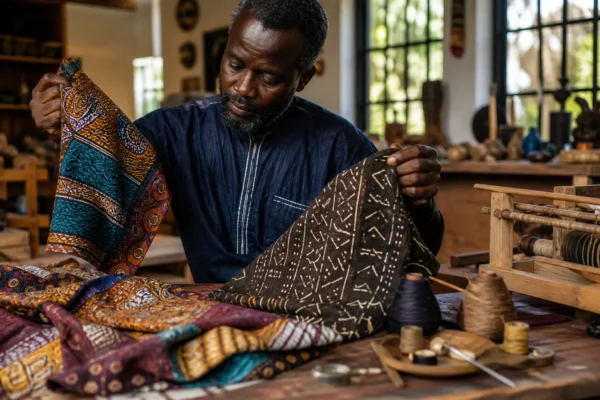 Tissu wax et bogolan avec motifs traditionnels africains colorés